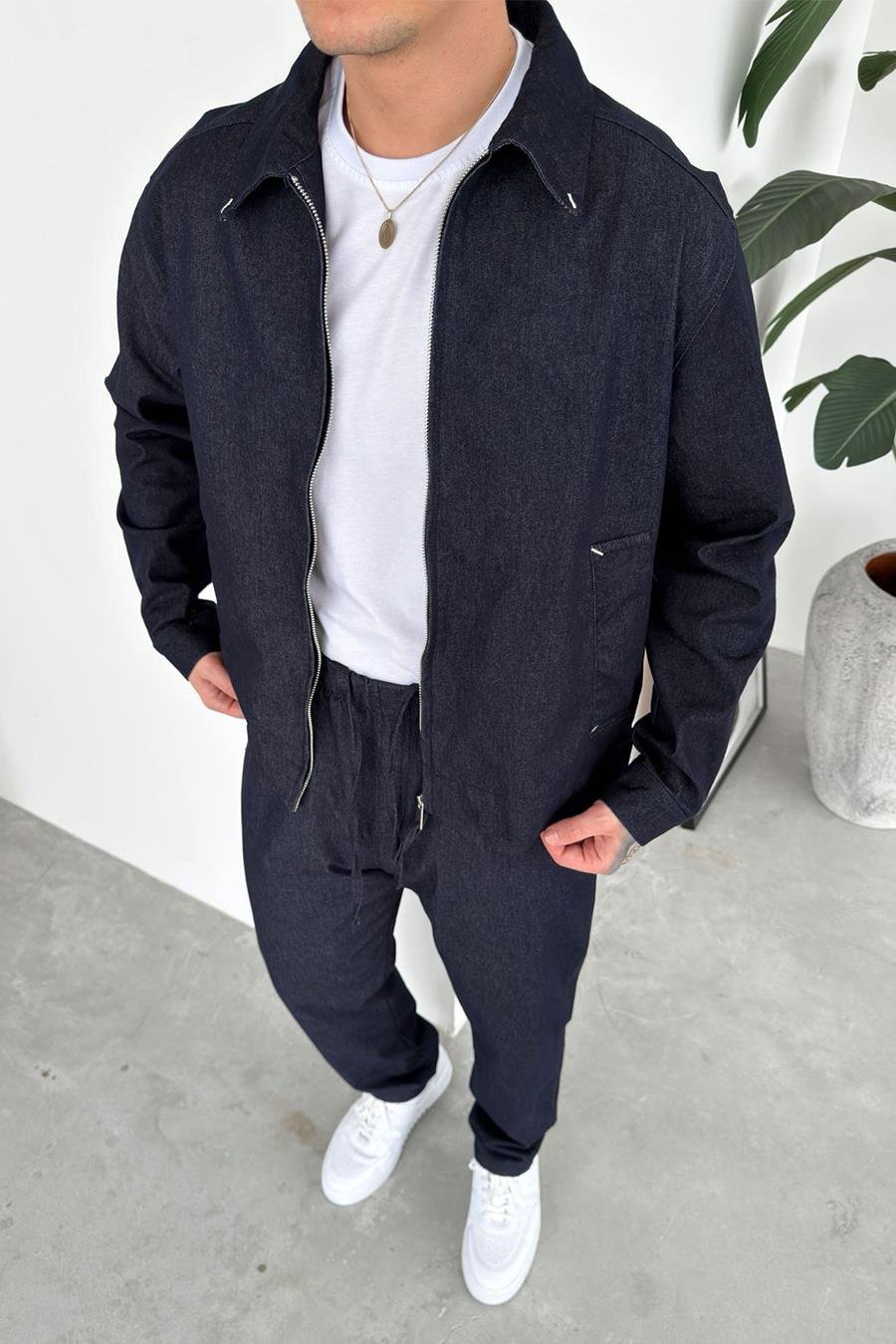 Lacivert Fermuarlı Dokulu Relaxed Fit Boxy Ceket