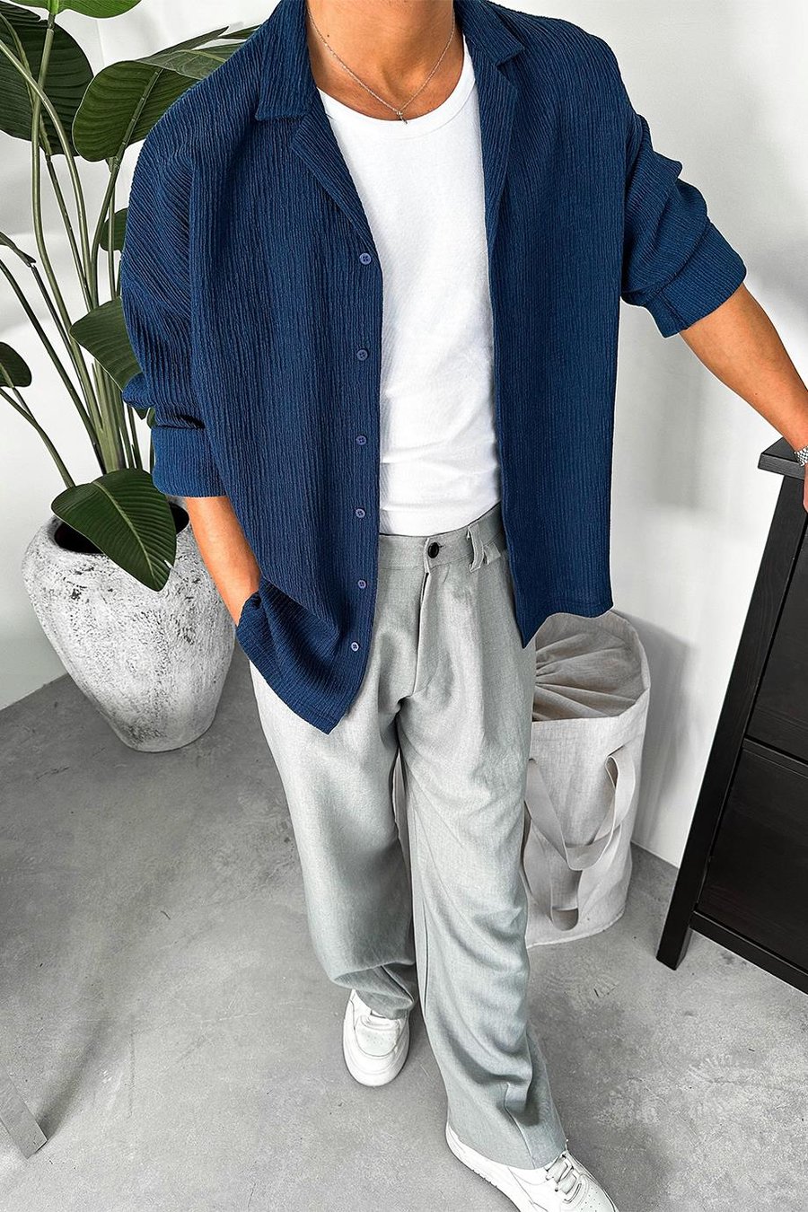 Lacivert Fitilli Basic Oversize Gömlek