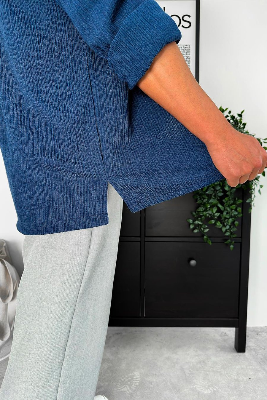 Lacivert Fitilli Basic Oversize Gömlek