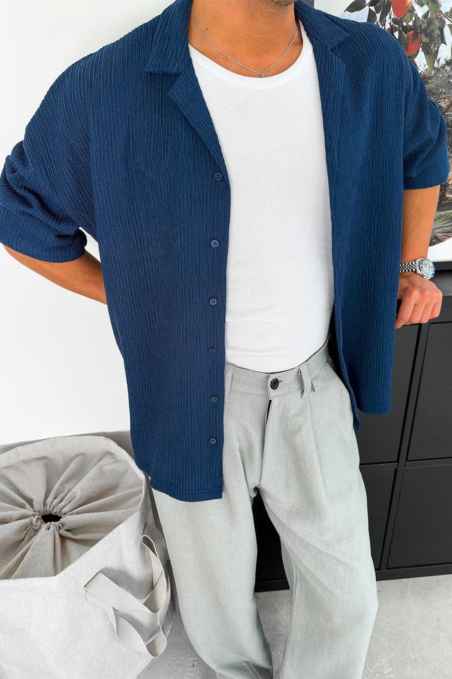 Lacivert Fitilli Basic Oversize Gömlek