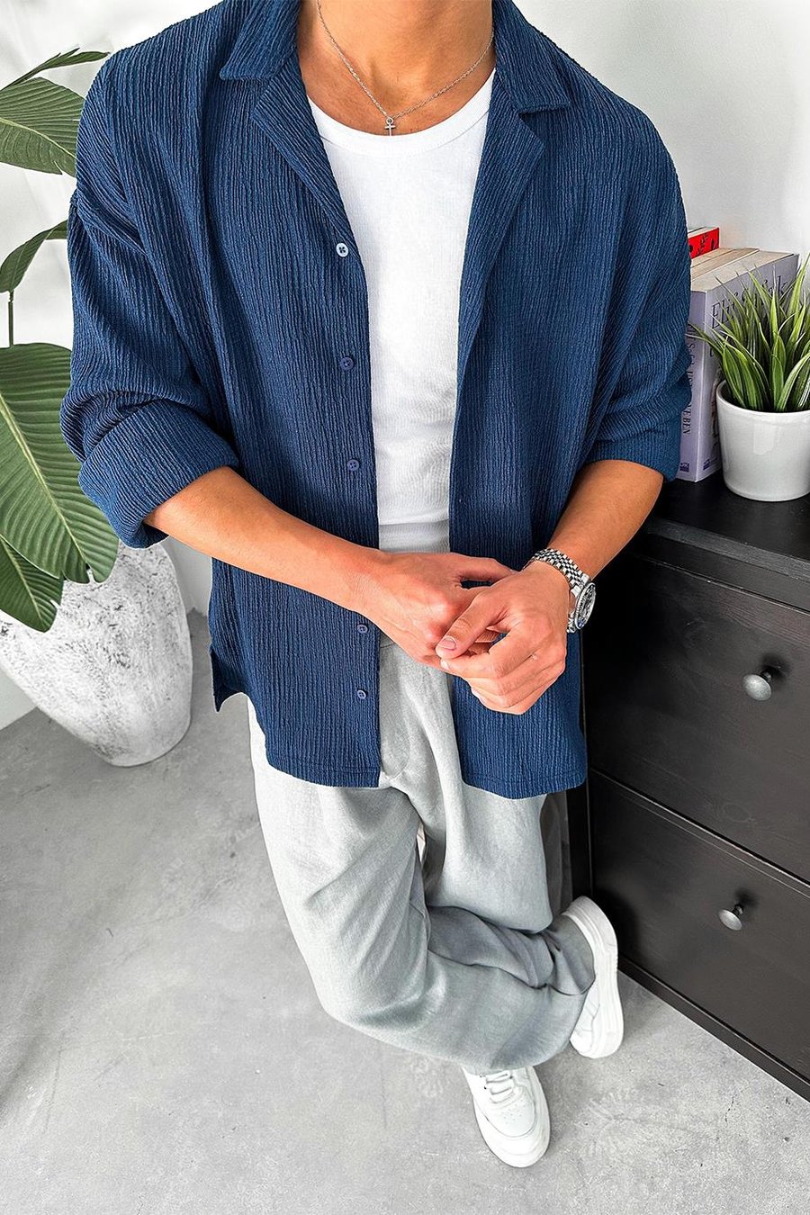Lacivert Fitilli Basic Oversize Gömlek