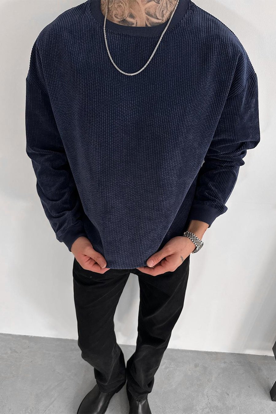 Lacivert Fitilli Kadife Basic Sweat