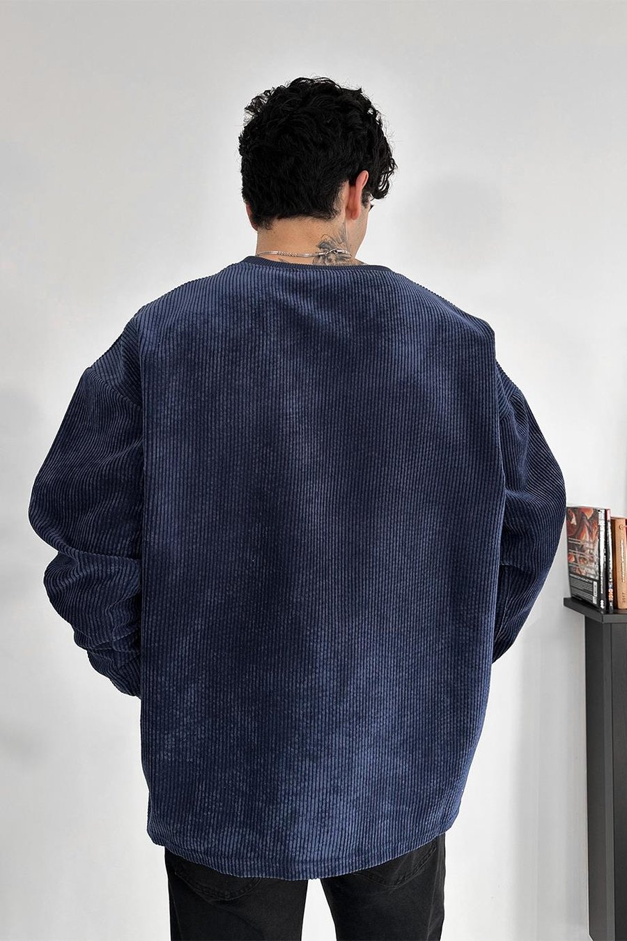 Lacivert Fitilli Kadife Basic Sweat