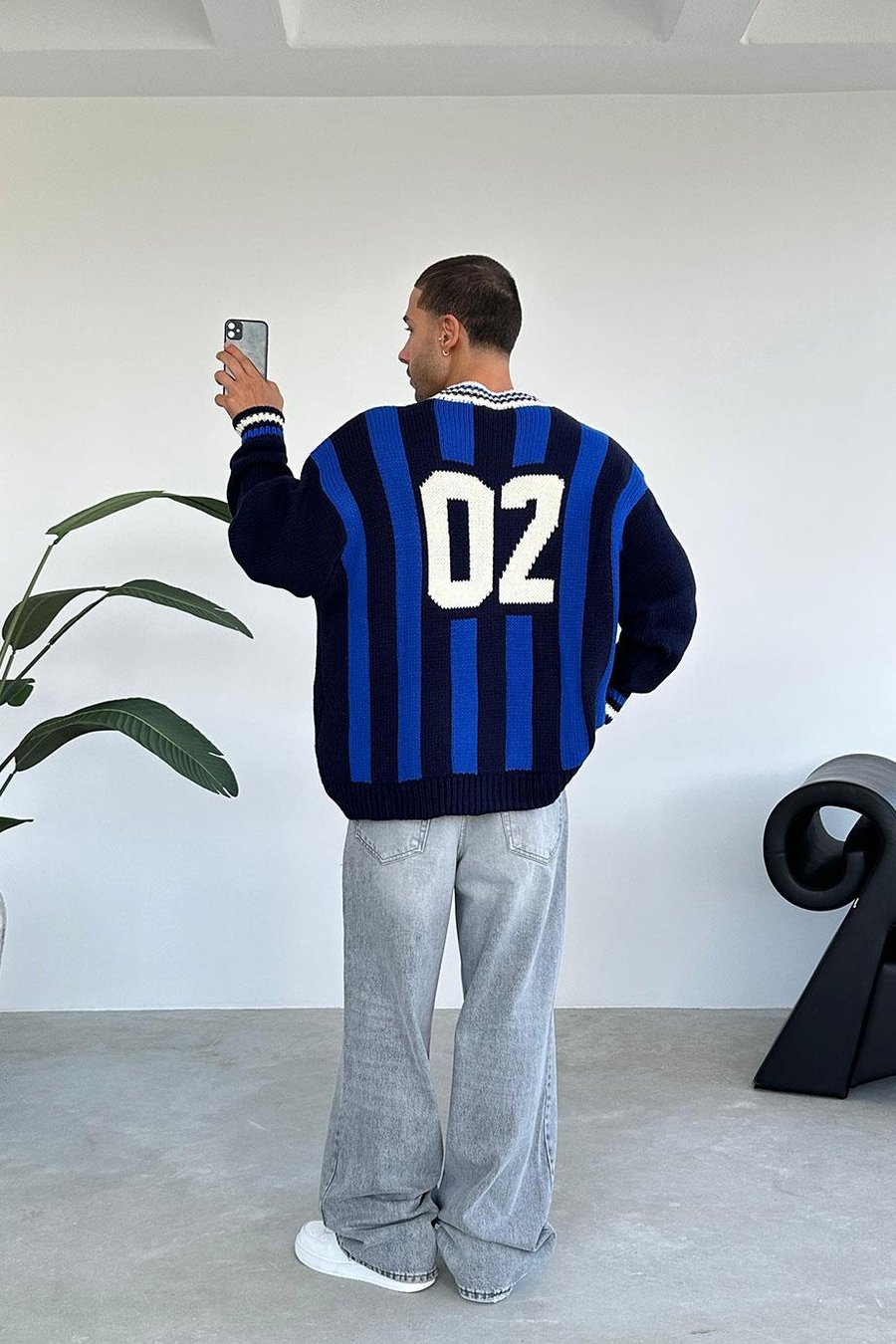Lacivert Forma Desenli Triko Oversize Kazak