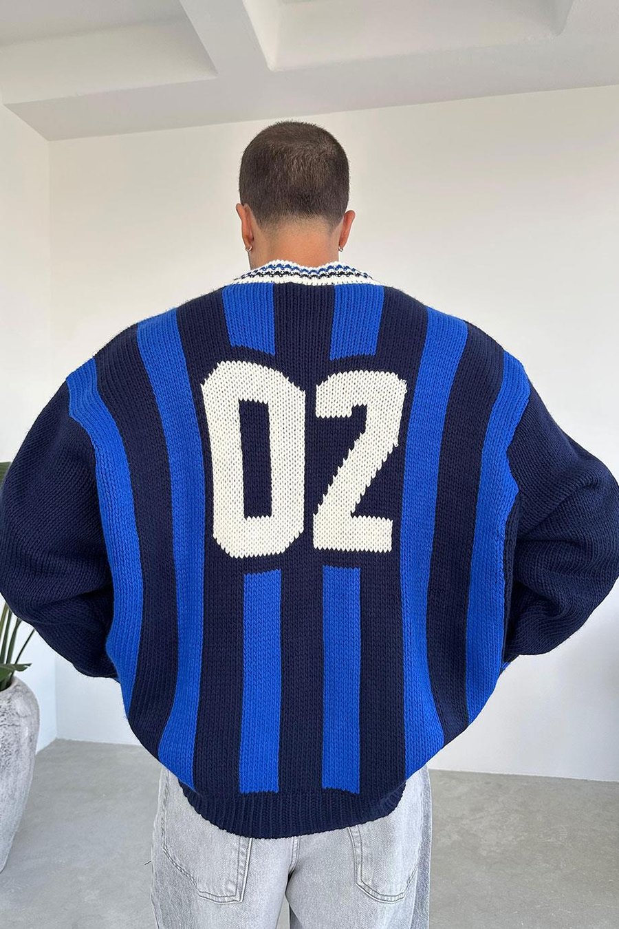 Lacivert Forma Desenli Triko Oversize Kazak