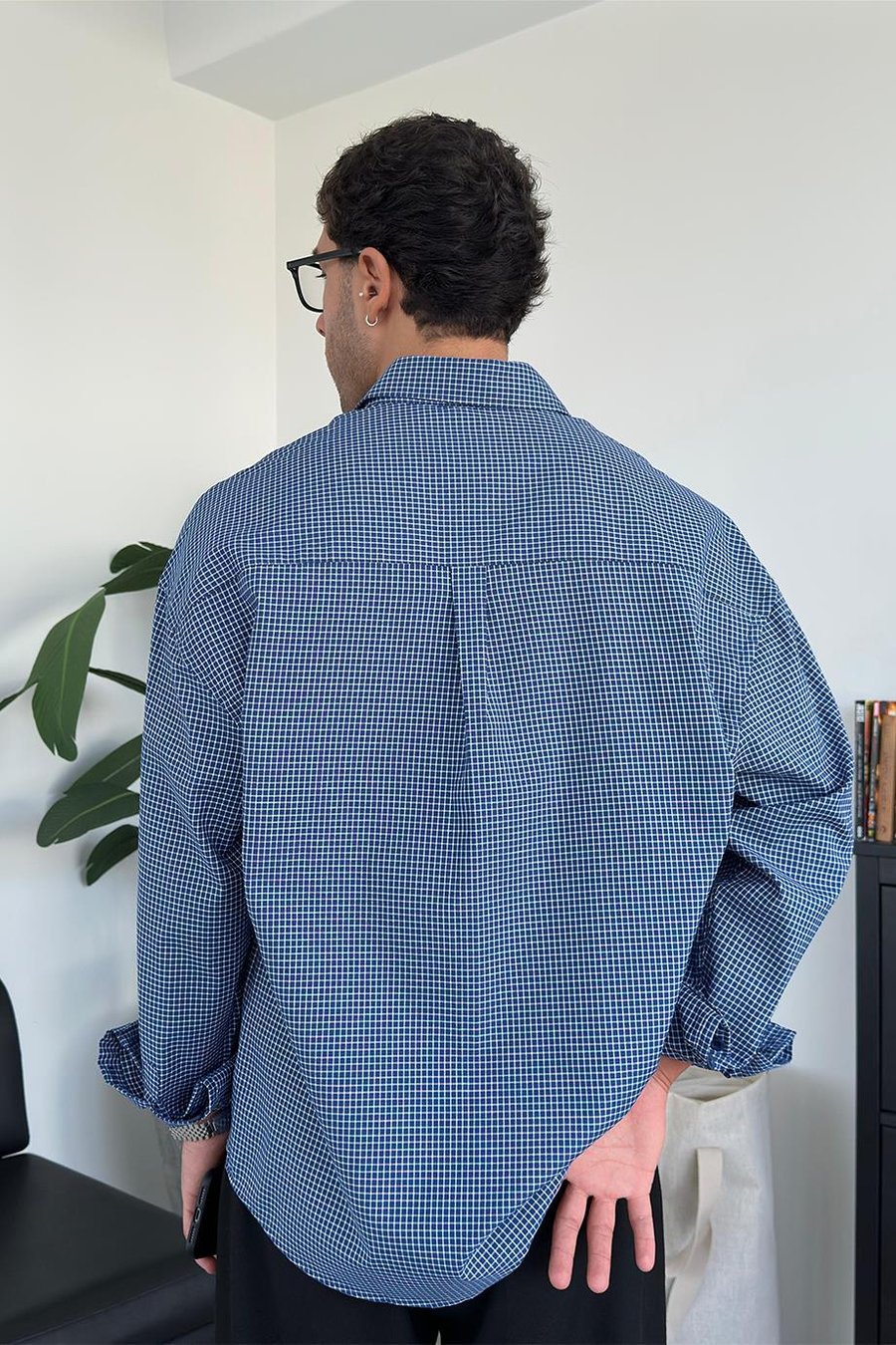 Lacivert Kareli Old School Oversize Gömlek