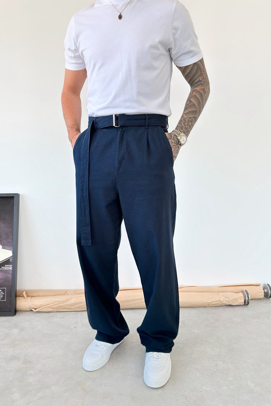 Lacivert Kemer Detaylı Baggy Keten Pantolon