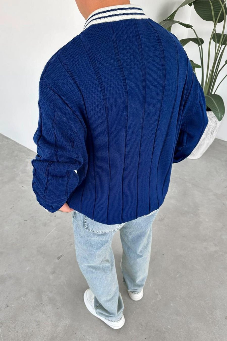 Lacivert Nakış Detay Oversize Polo Yaka Kazak