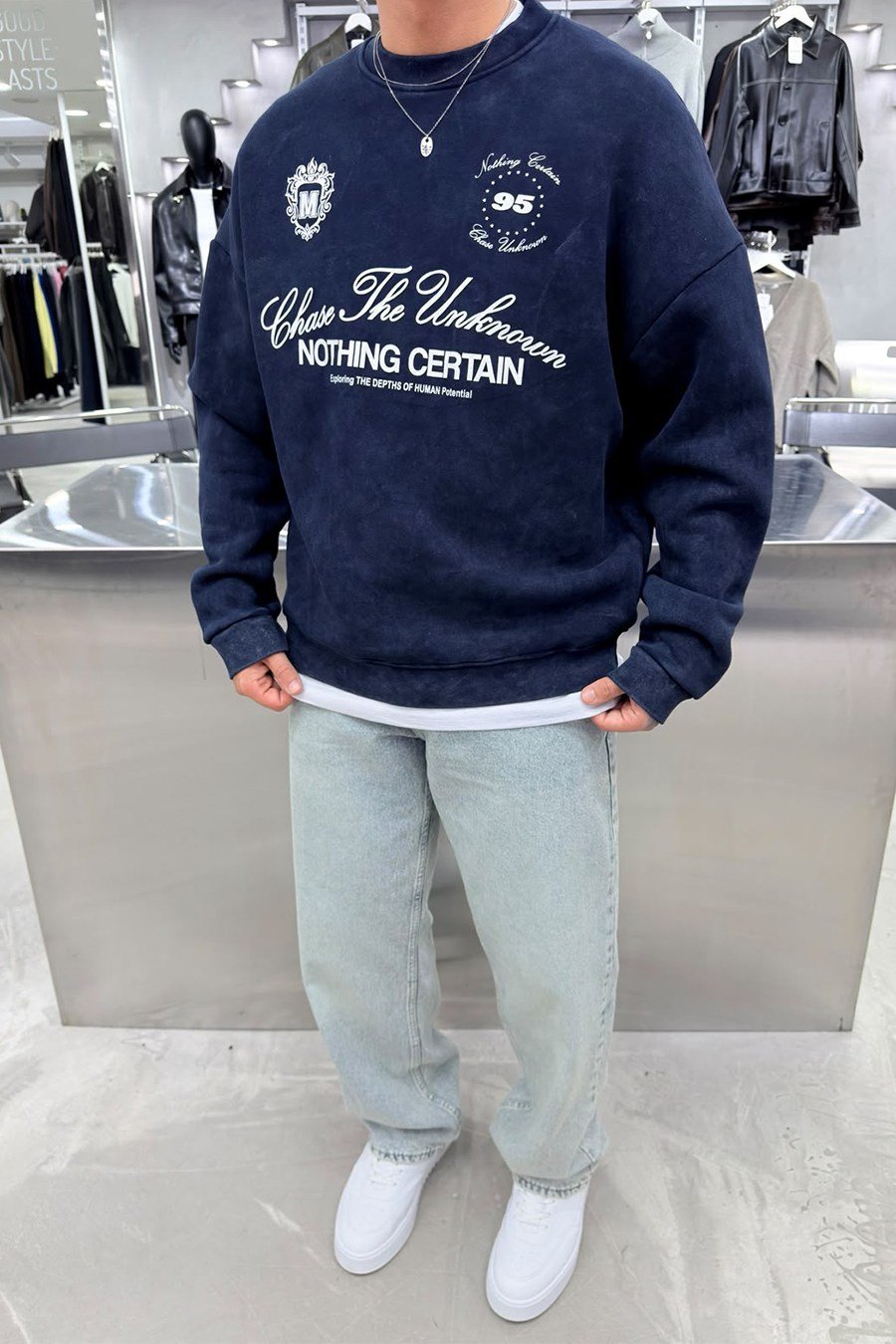 Lacivert Nothing Baskılı Yıkamalı Oversize Sweatshirt