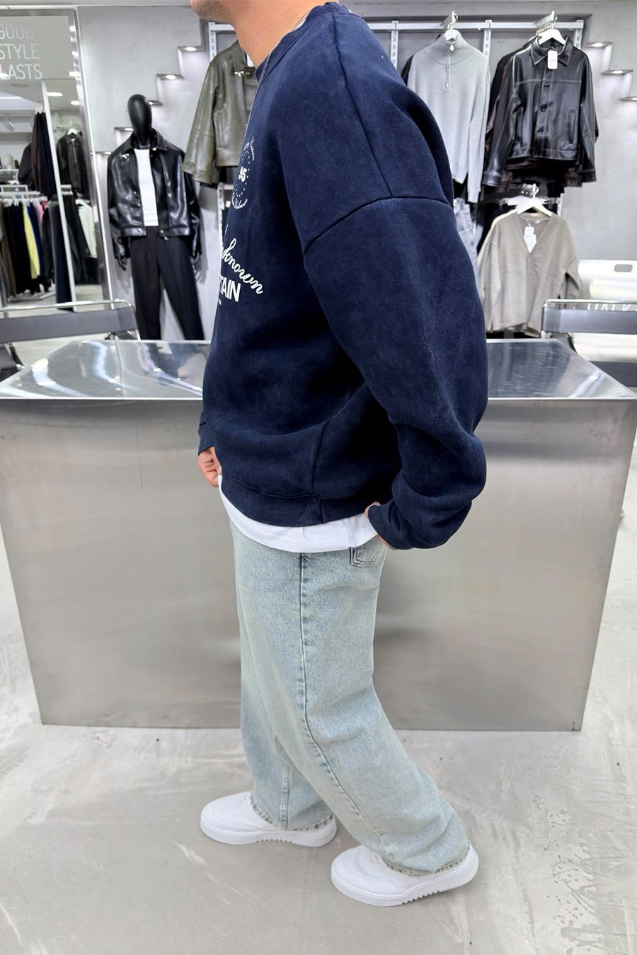 Lacivert Nothing Baskılı Yıkamalı Oversize Sweatshirt
