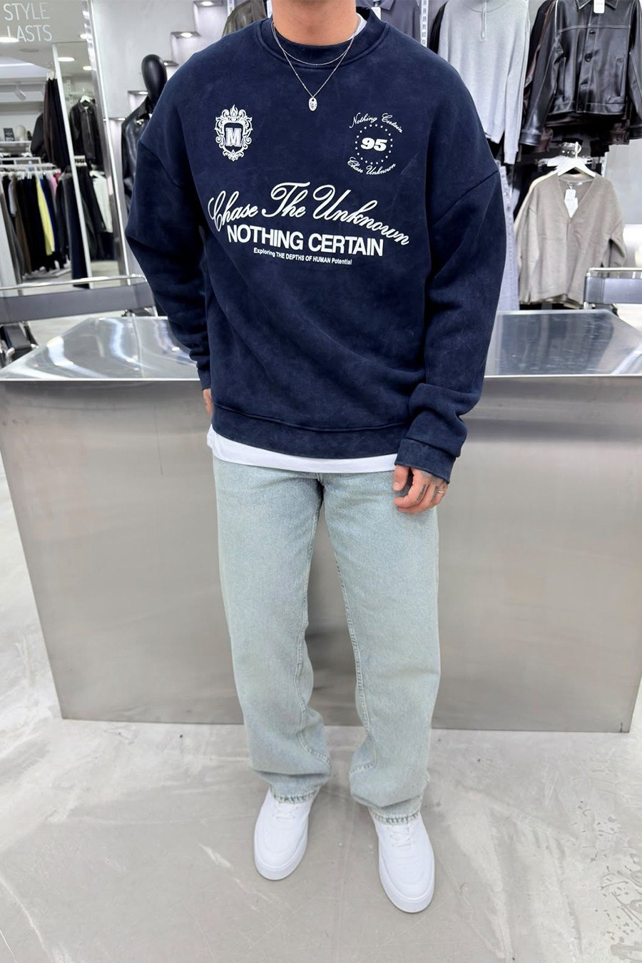 Lacivert Nothing Baskılı Yıkamalı Oversize Sweatshirt