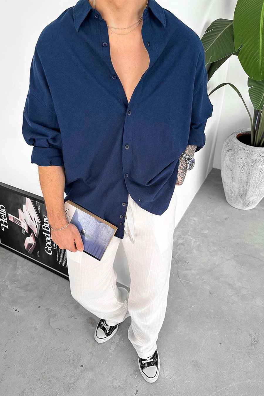 Lacivert Old Money Basic Keten Oversize Gömlek
