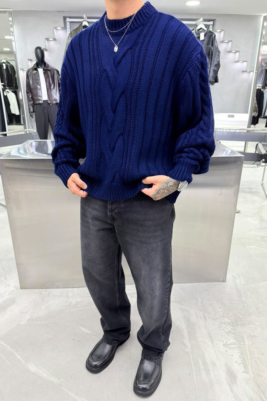 Lacivert Örgü Desen Oversize Triko Kazak