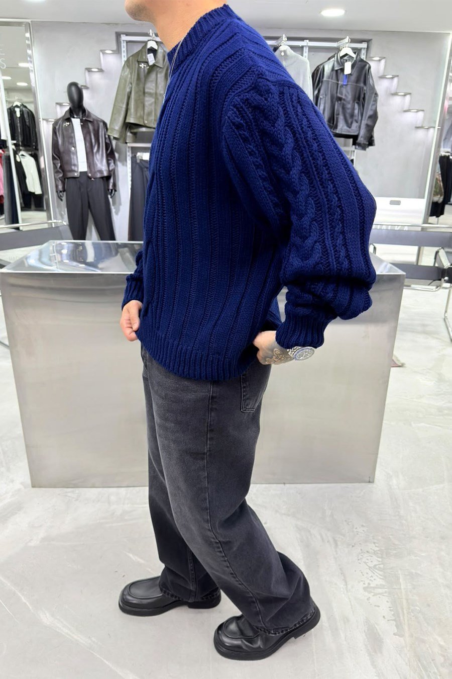 Lacivert Örgü Desen Oversize Triko Kazak