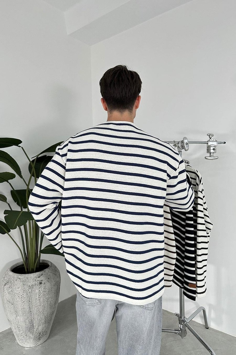 Lacivert Örme Çizgi Detaylı Oversize Sweat