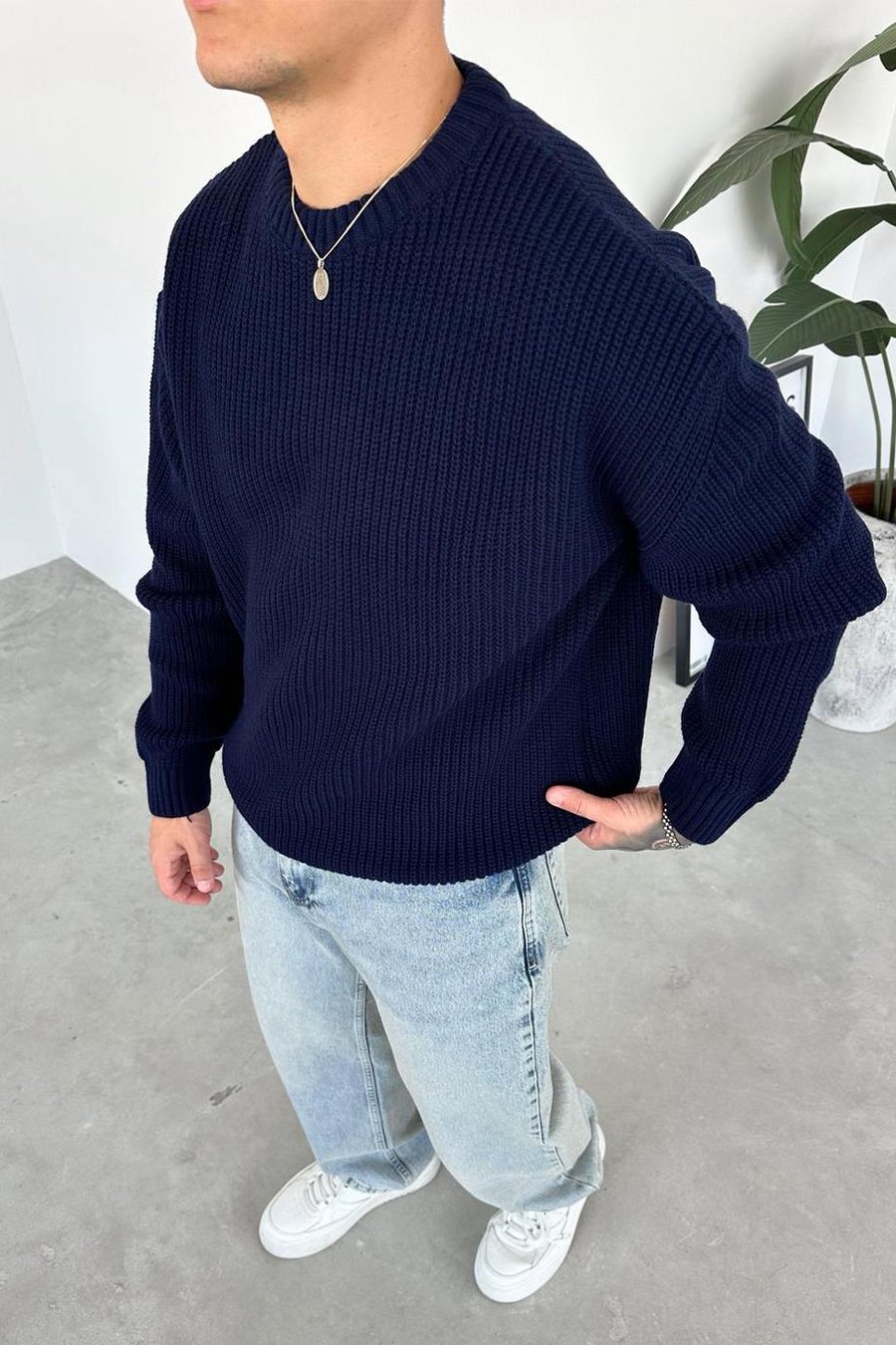Lacivert Örme Desen Oversize Triko Kazak