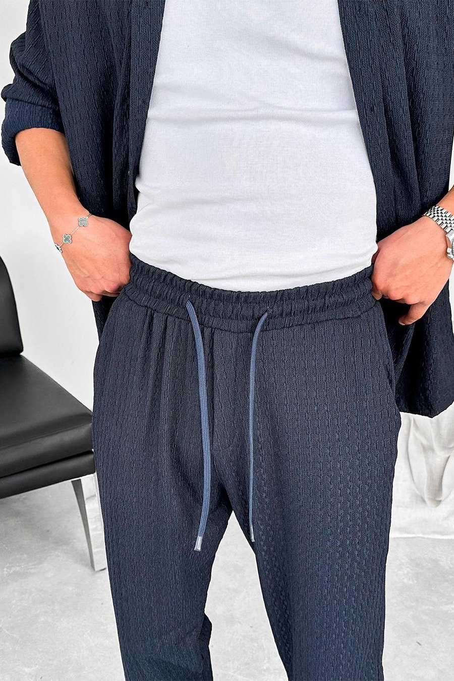 Lacivert Örme Desenli Relaxed Pantolon