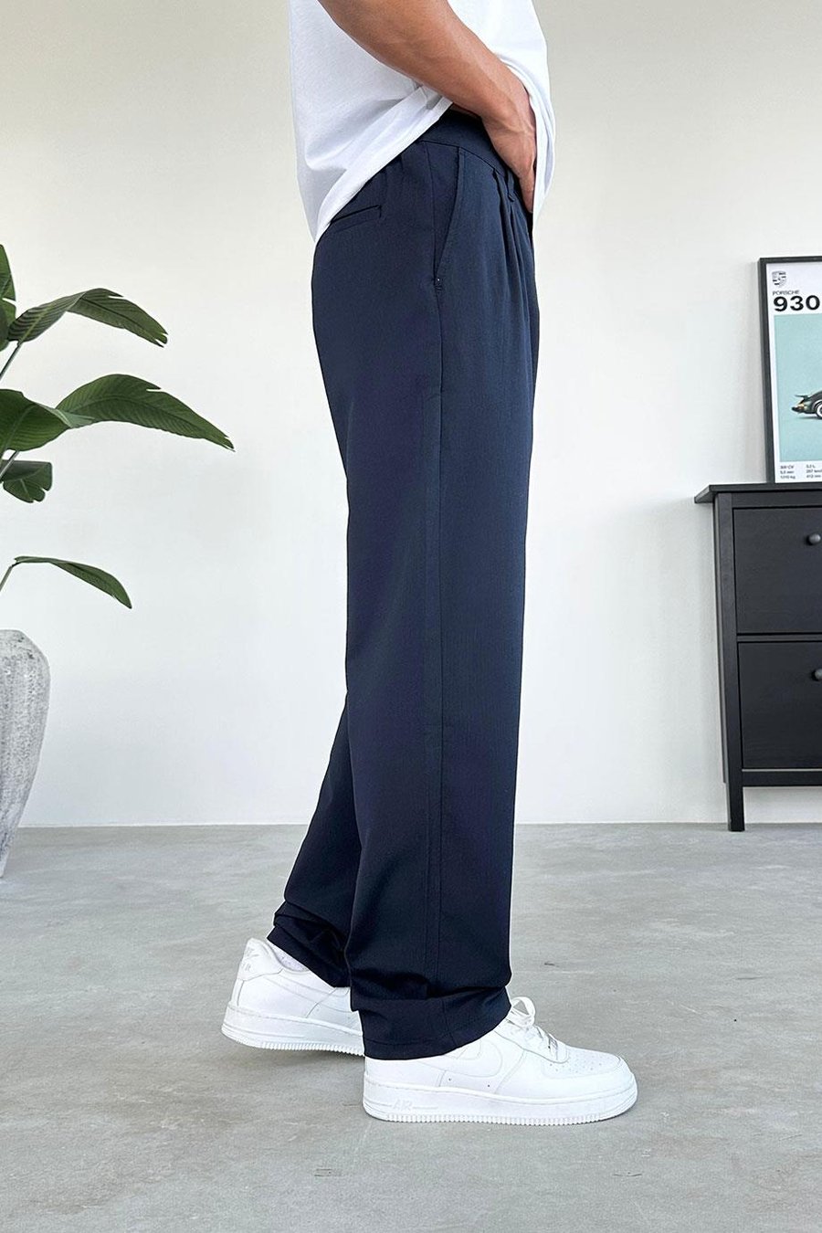 Lacivert Pile Detay Kumaş Baggy Pantolon