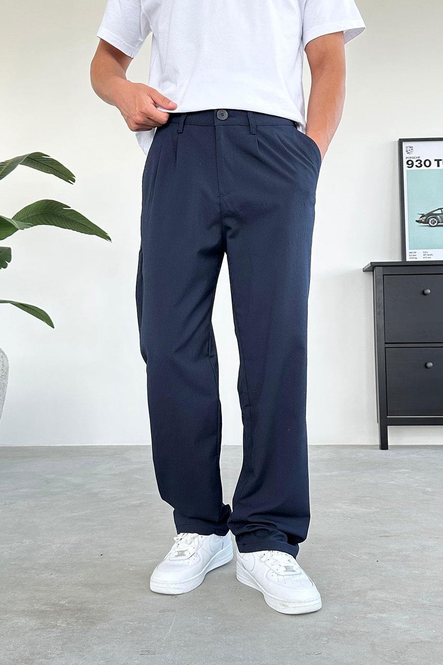 Lacivert Pile Detay Kumaş Baggy Pantolon