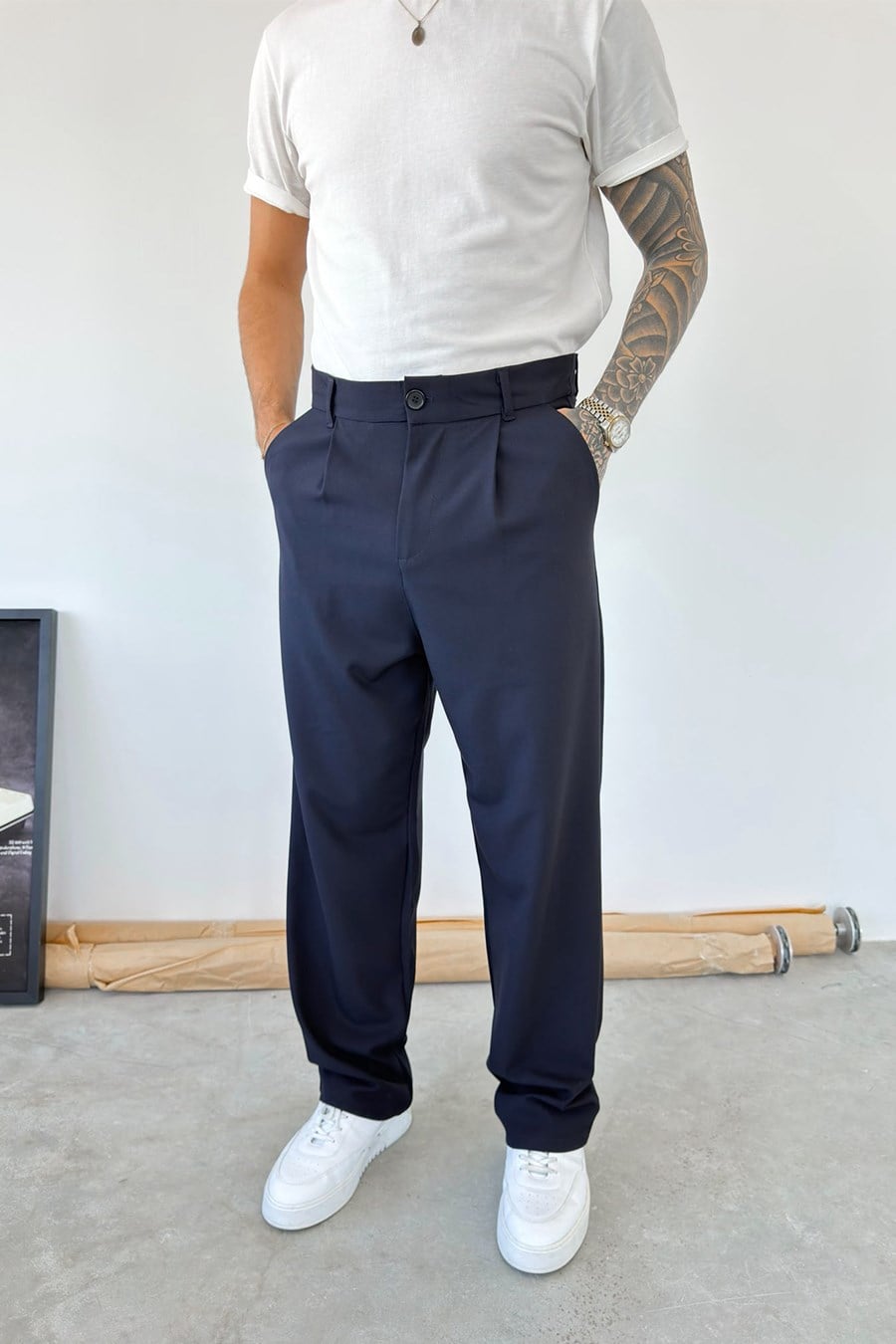 Lacivert Pileli Baggy Fit Kumaş Pantolon