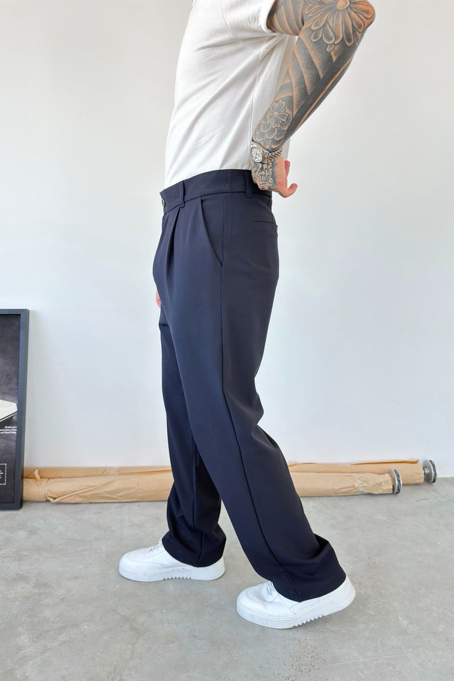 Lacivert Pileli Baggy Fit Kumaş Pantolon