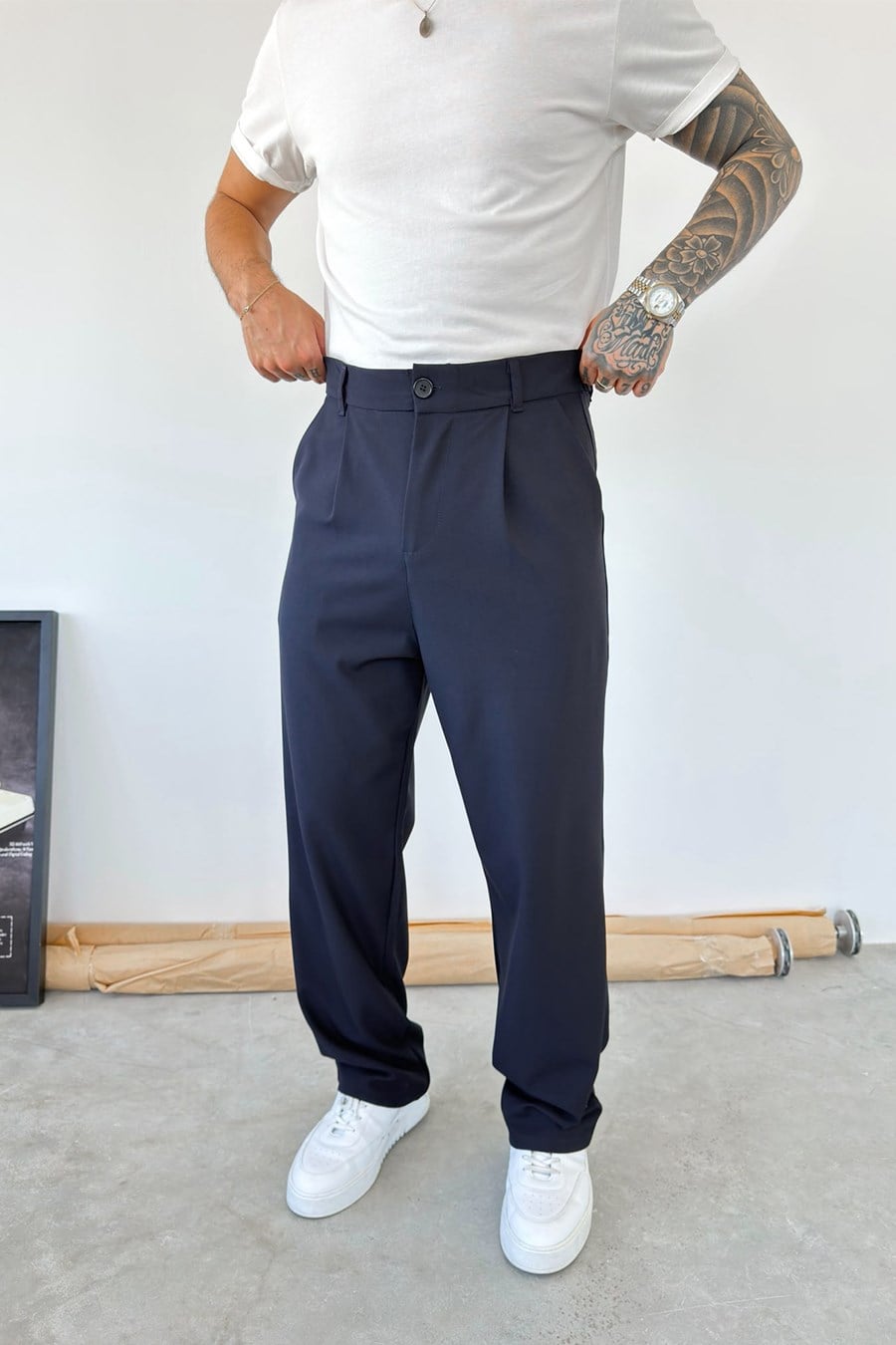 Lacivert Pileli Baggy Fit Kumaş Pantolon