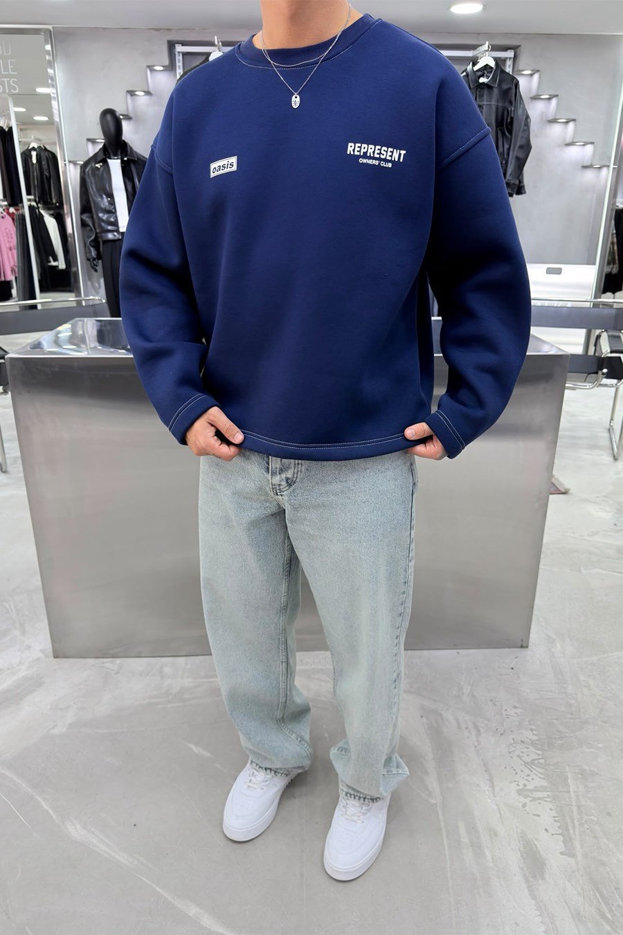 Lacivert Represent Baskılı Boxy Kalıp Sweatshirt
