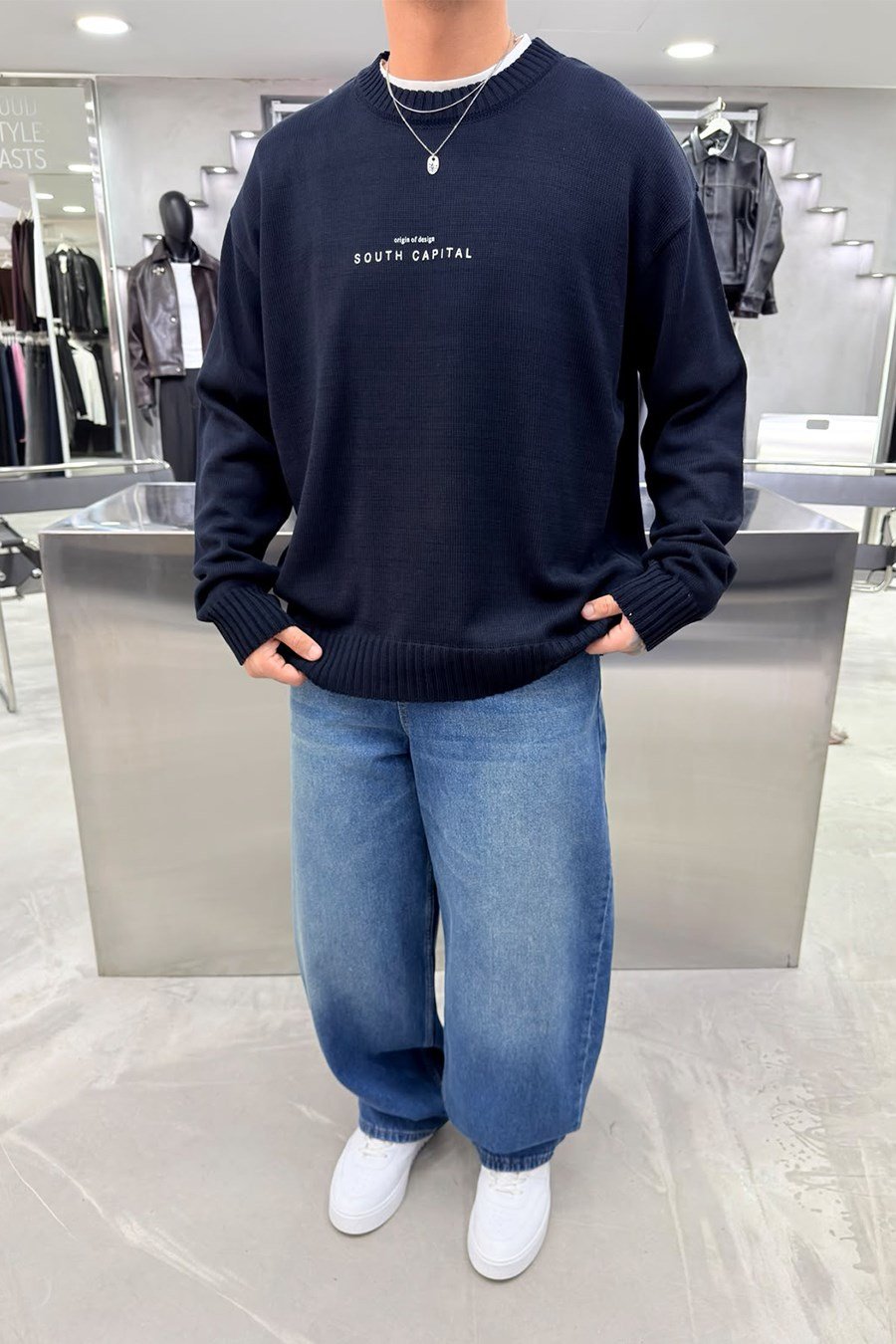 Lacivert South Baskılı Oversize Kazak