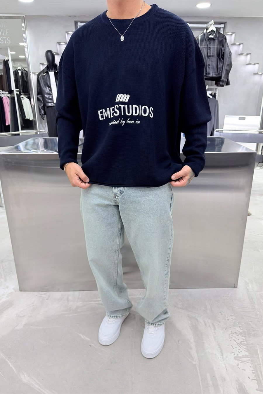 Lacivert Studios Baskılı Boxy Fit Triko Kazak