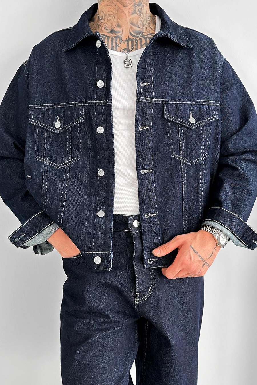 Lacivert Tasarım Cepli Oversize Kot Ceket