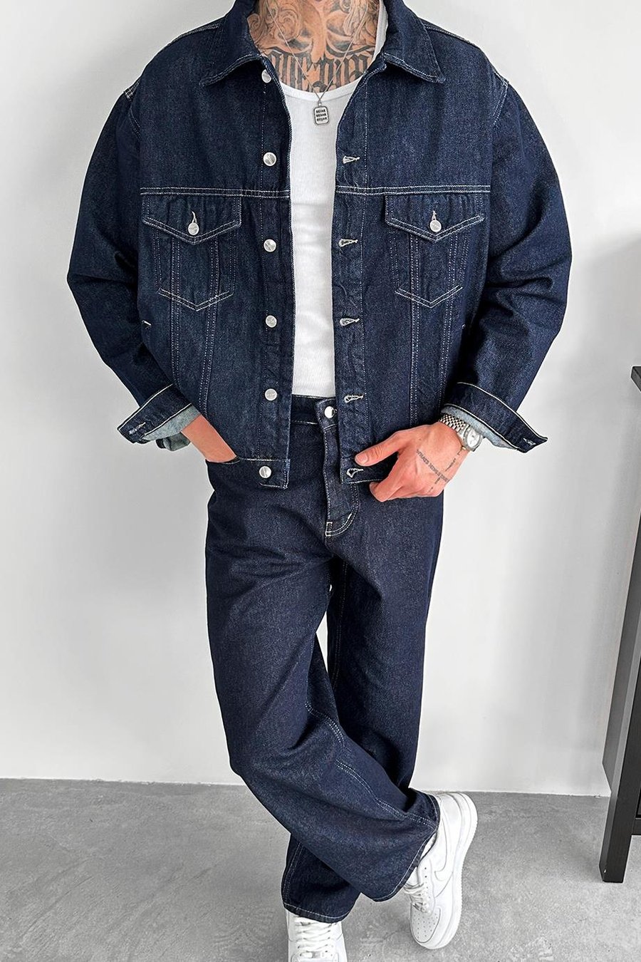Lacivert Tasarım Cepli Oversize Kot Ceket