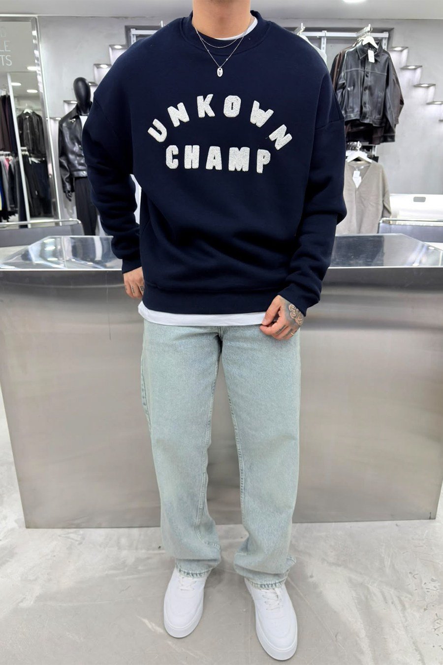 Lacivert Unkown Nakışlı Oversize Sweatshirt
