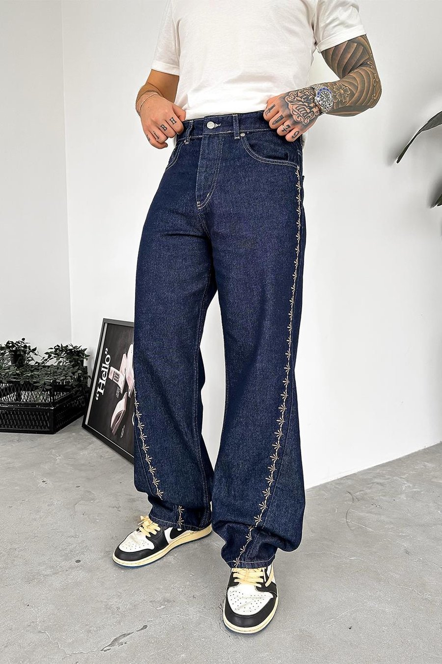 Lacivert Western Nakış Detay Premium Regular Pantolon