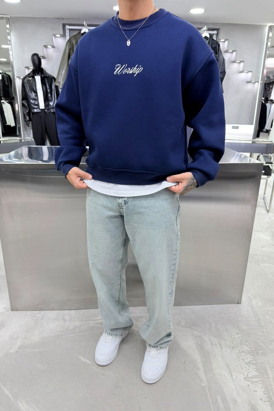 Lacivert Workship Baskılı Boxy Fit Sweatshirt