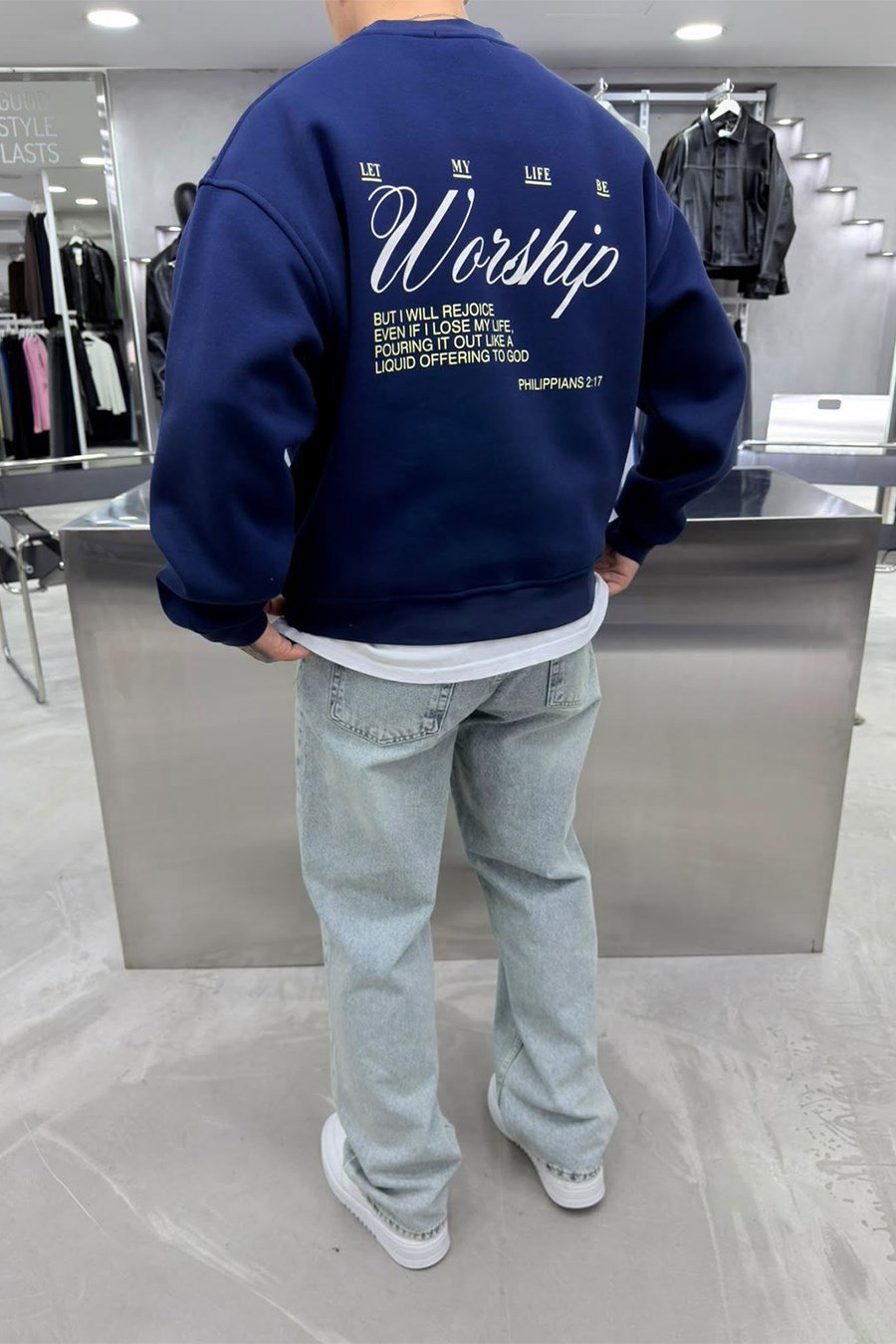Lacivert Workship Baskılı Boxy Fit Sweatshirt