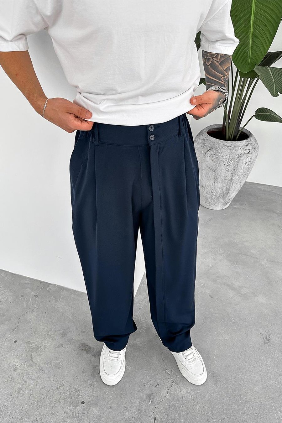 Lacivert Yüksek Bel Premium Kumaş Baggy Pantolon