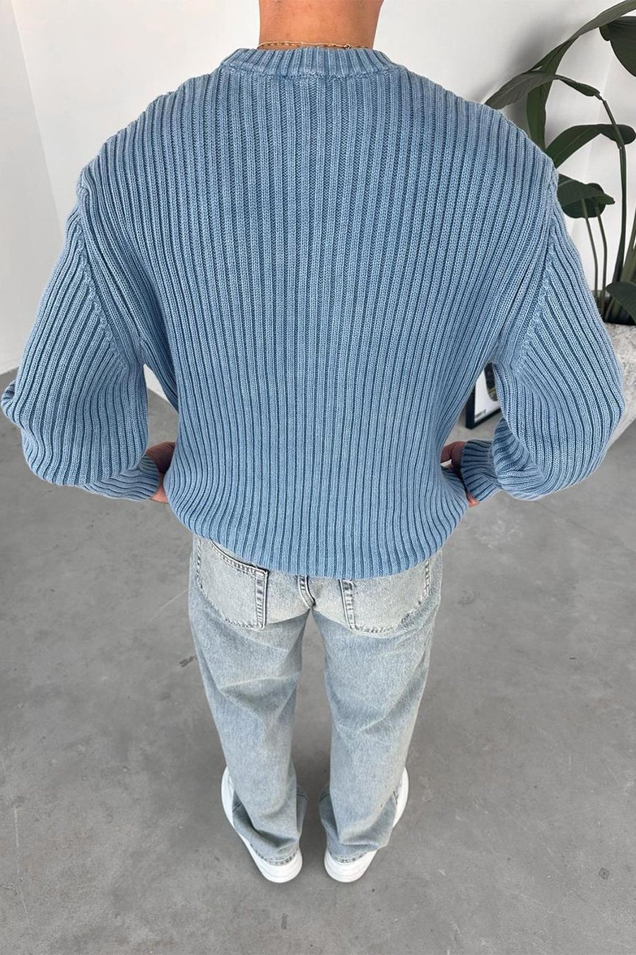 Mavi Acid Wash Fitilli Oversize Triko Kazak