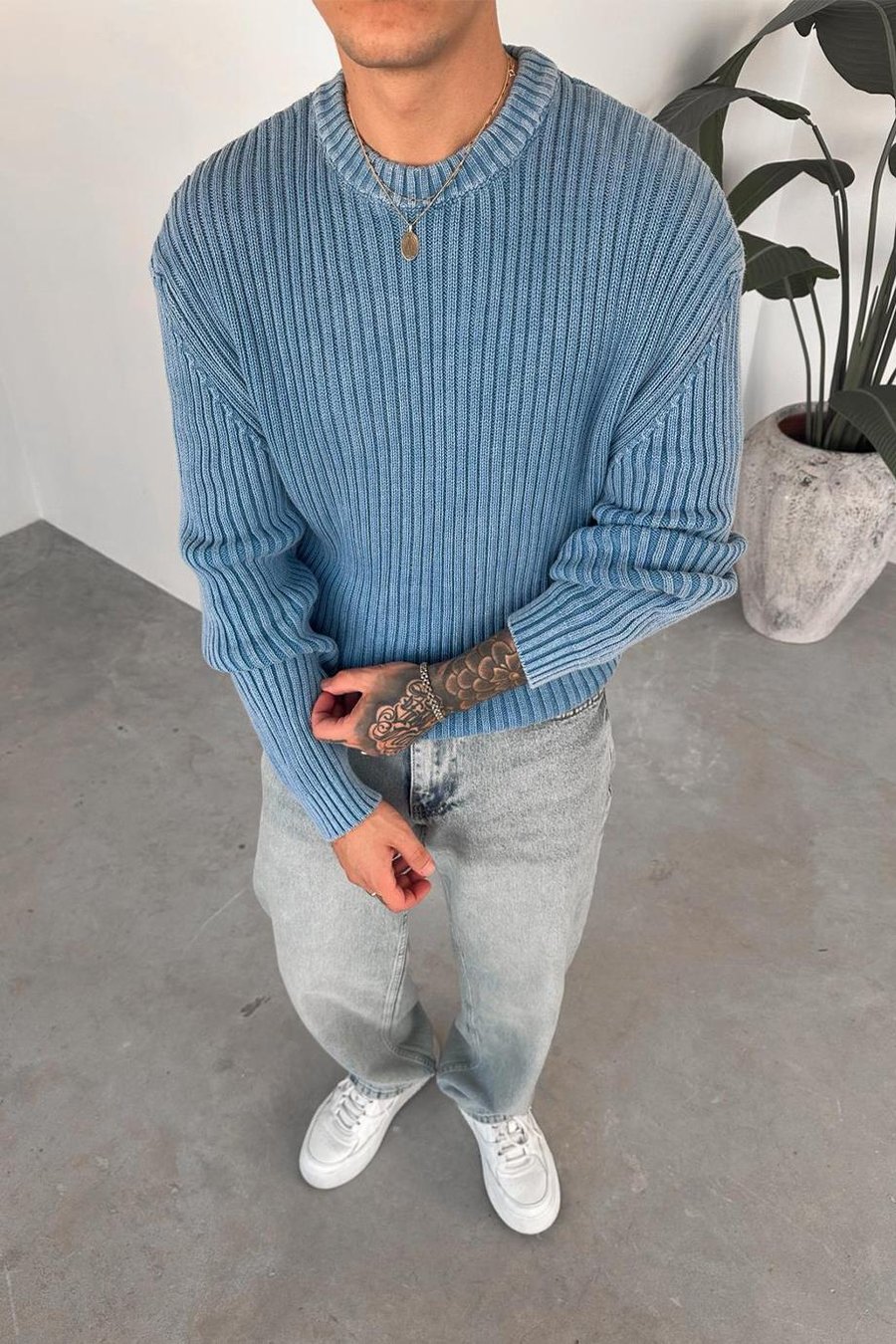 Mavi Acid Wash Fitilli Oversize Triko Kazak