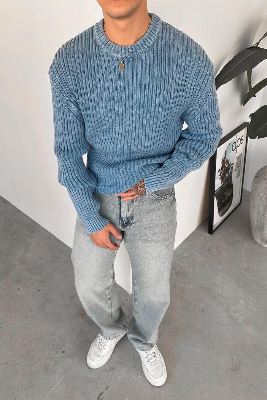 Mavi Acid Wash Fitilli Oversize Triko Kazak