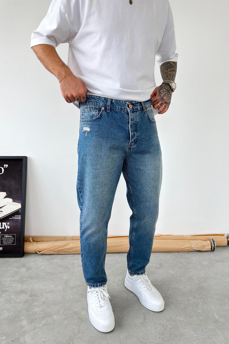 Mavi Basic Yırtıklı Boyfriend Pantolon