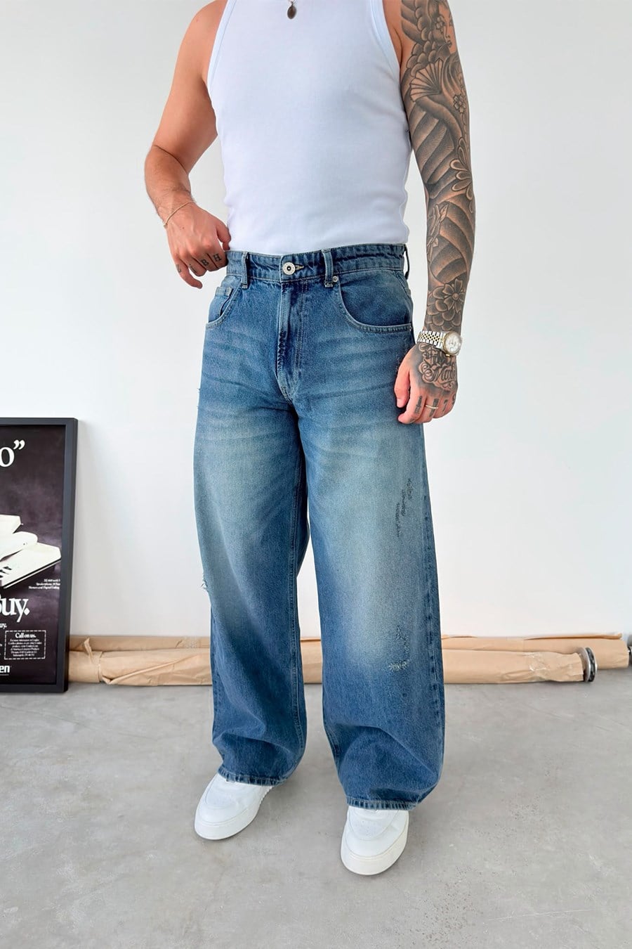 Mavi Yırtık Detaylı Süper Baggy Fit Pantolon