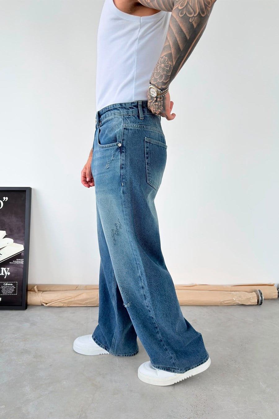 Mavi Yırtık Detaylı Süper Baggy Fit Pantolon