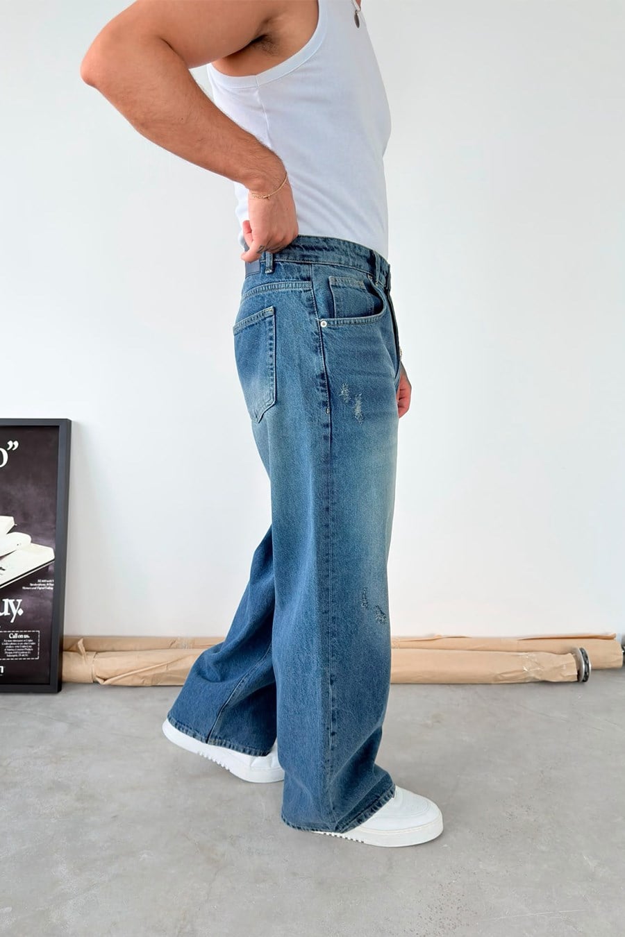 Mavi Yırtık Detaylı Süper Baggy Fit Pantolon