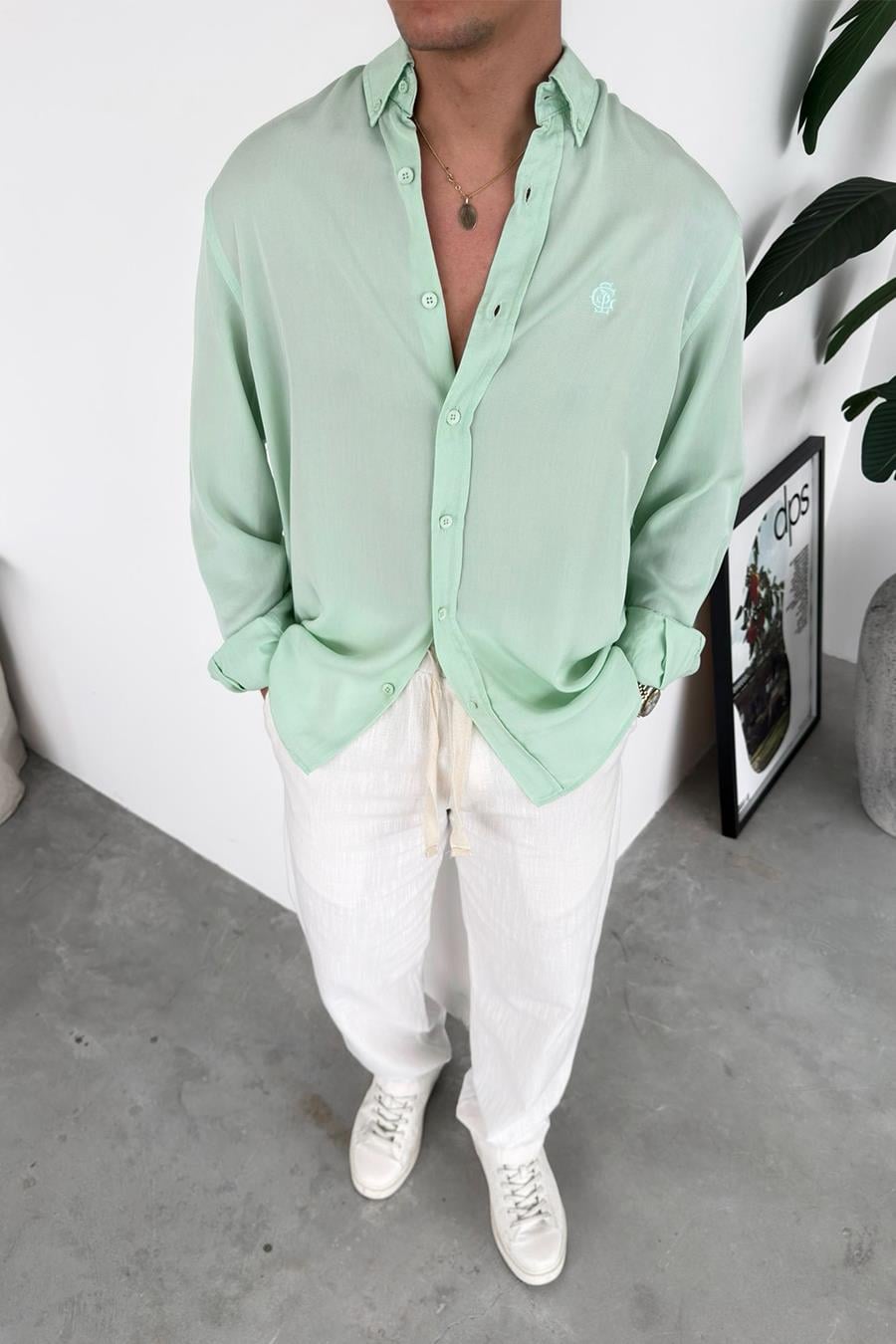 Mint Yeşili Nakışlı Oversize Modal Gömlek