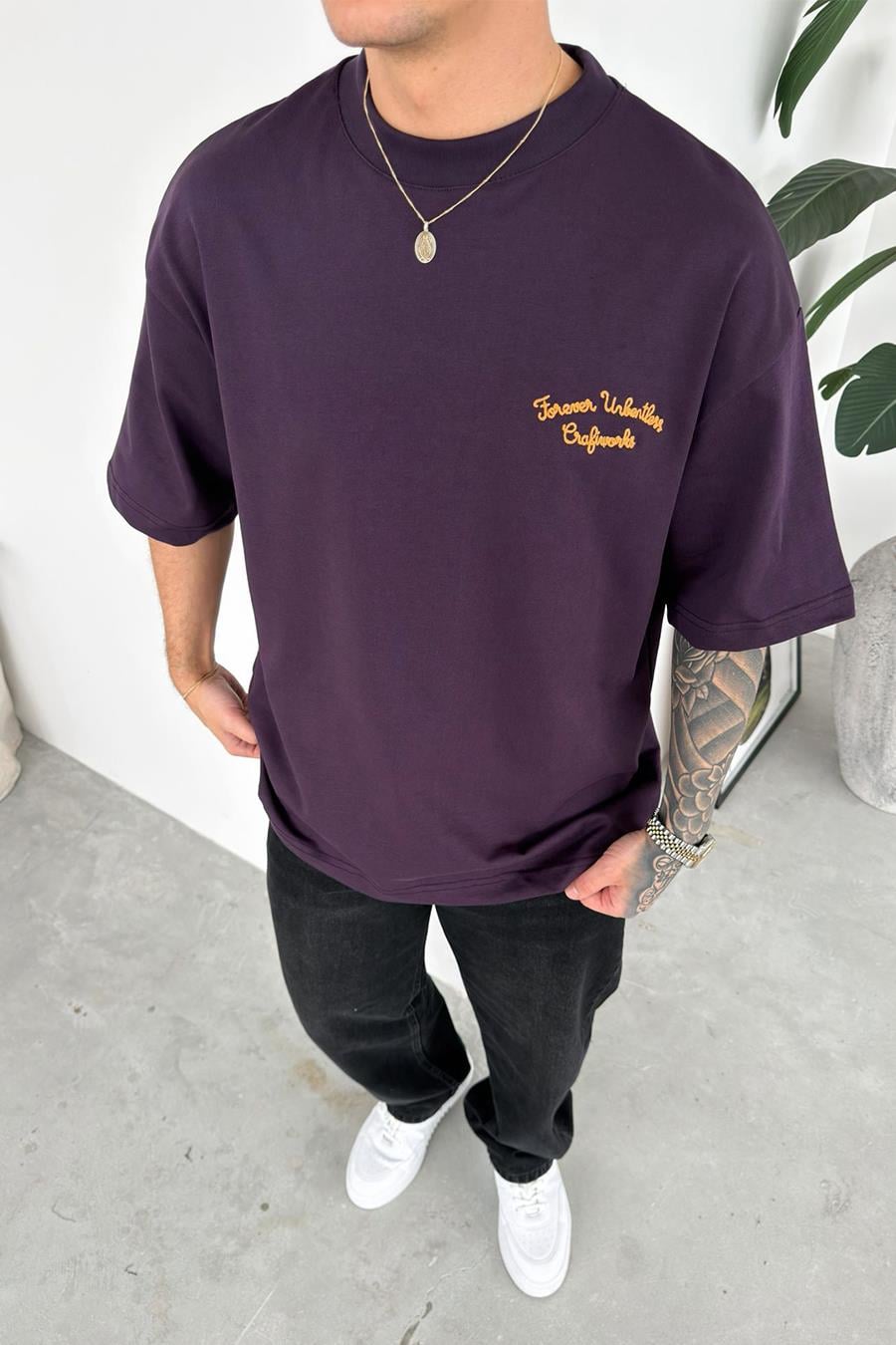 Mor Forever Nakışlı Premium Oversize Tişört