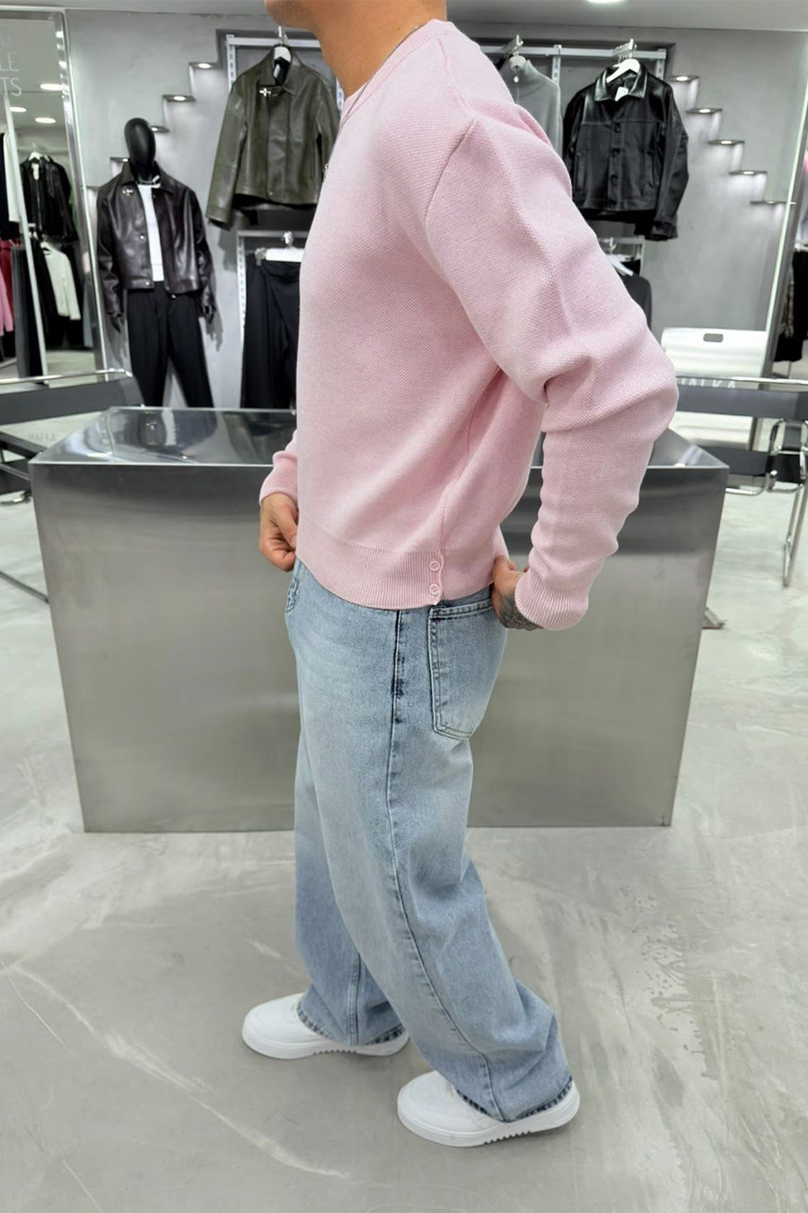 Pembe Basic Premium Düğme Detaylı Boxy Fit Kazak
