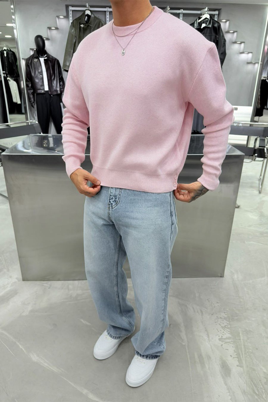 Pembe Basic Premium Düğme Detaylı Boxy Fit Kazak