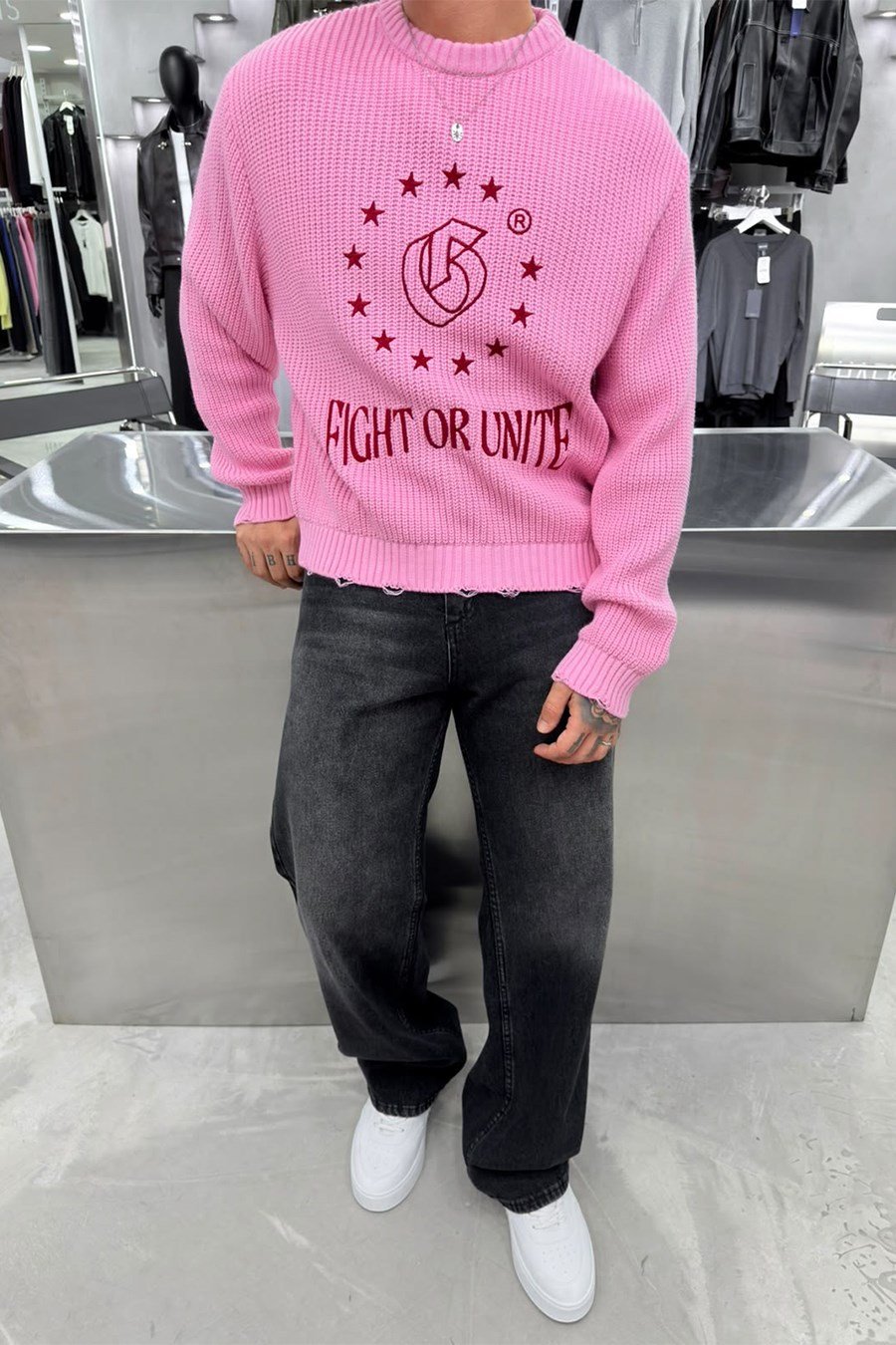 Pembe Fight Nakışlı Boxy Fit Kazak