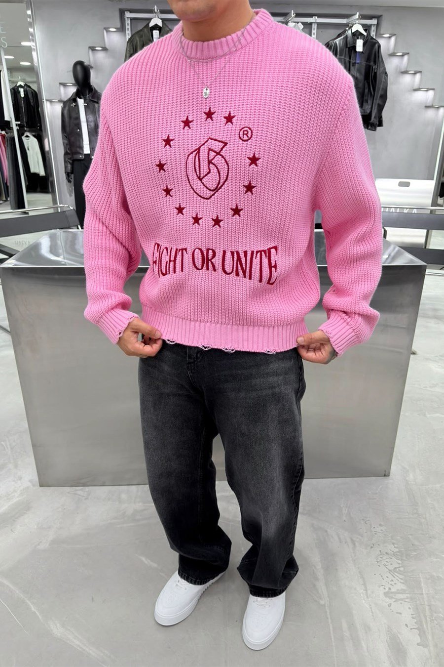 Pembe Fight Nakışlı Boxy Fit Kazak