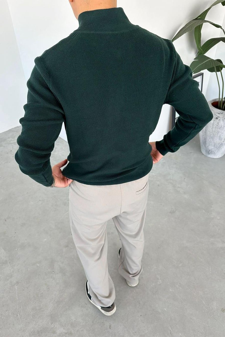 Petrol Basic Fitilli Yarım Fermuarlı Relaxed Kazak